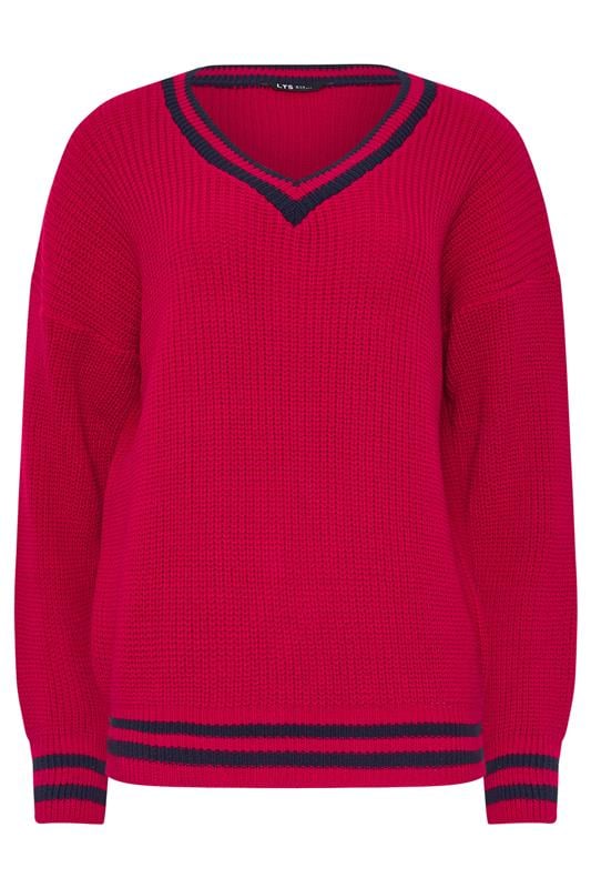 Tall  LTS Tall Red & Navy Blue Stripe V-Neck Jumper