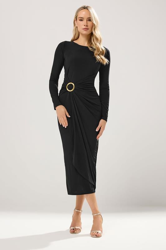 LTS Tall Black Jersey Drape Long Sleeve Buckle Dress | Long Tall Sally 2