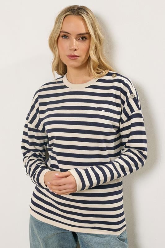 Tall  LTS Tall Navy Blue Stripe Embroidered 'Le Marais' Slogan Sweatshirt