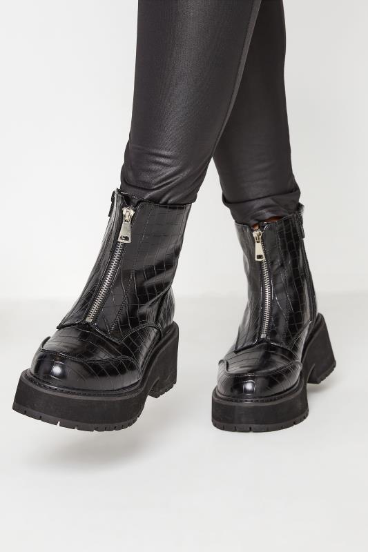 Plus Size  Black Croc Leather Look Zip Chunky Boots In Wide E Fit
