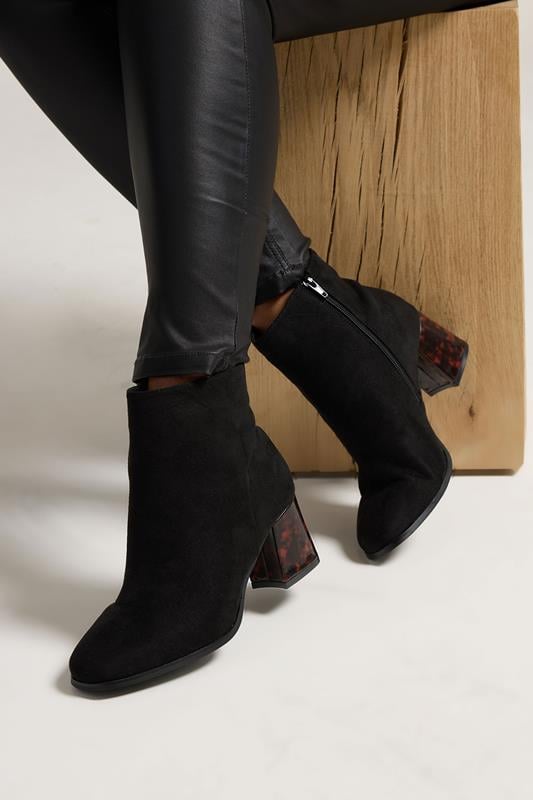 Black Tortoiseshell Block Heel Boots In Extra Wide EEE Fit | Yours Clothing 1