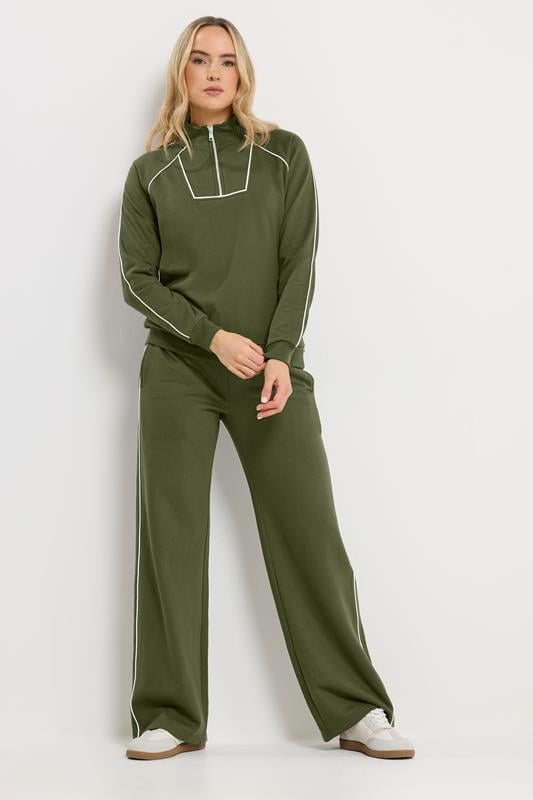 LTS Tall Women's Khaki Green Pipe Detail Quarter Zip Sweatshirt | Long Tall Sally 1