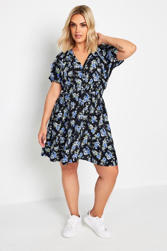 YOURS Plus Size Blue Floral Print Button Through Dress | Yours Curve  2