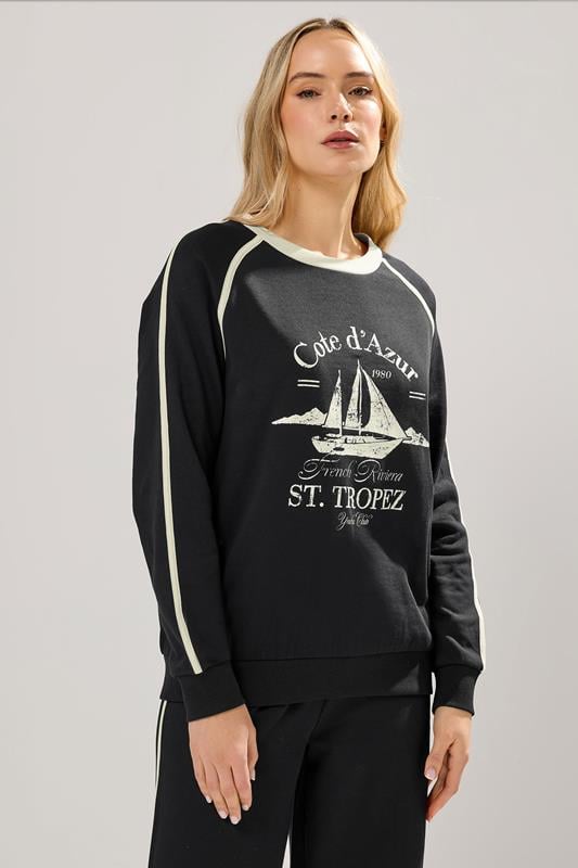 Tall  LTS Tall Black 'Cote d'Azur' Slogan Pipe Detail Sweatshirt