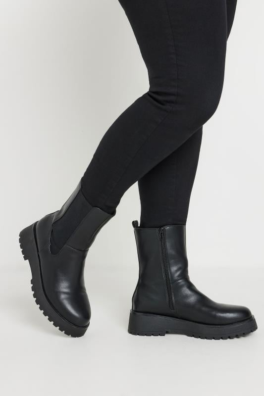 Plus Size  Yours Black Faux Leather Chunky Wedge Chelsea Boots In Wide E Fit & Extra Wide EEE Fit