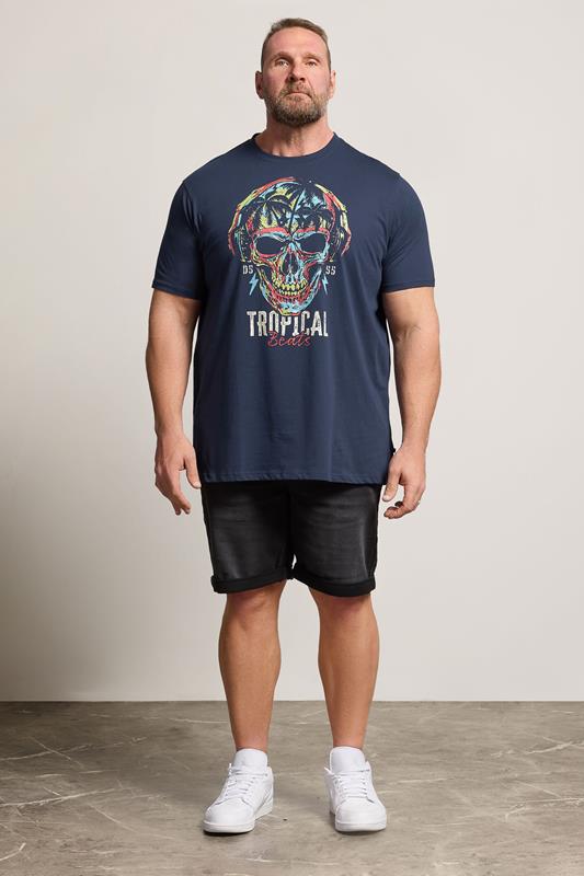D555 Big & Tall Navy Blue Tropical Skull Print T-Shirt | BadRhino 1