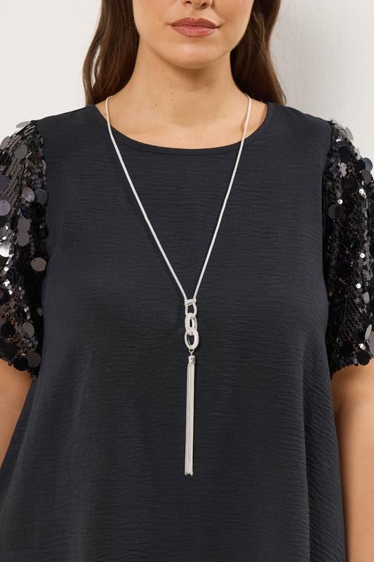 Silver Tone Diamante Link Long Necklace