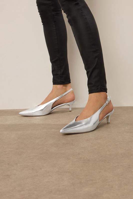 Tall  LTS Silver Pointed Slingback Kitten Heel