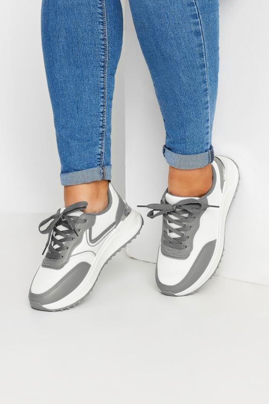 Plus Size  Yours White & Grey Contrast Chunky Trainers In Wide E Fit