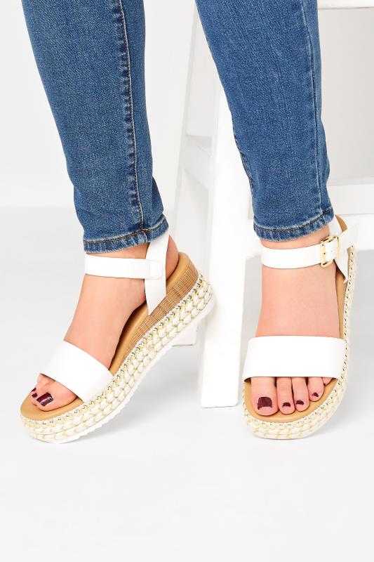 Plus Size  Yours White & Brown Buckle Platform Espadrille Wedge Heels In Wide E Fit & Extra Wide EEE Fit