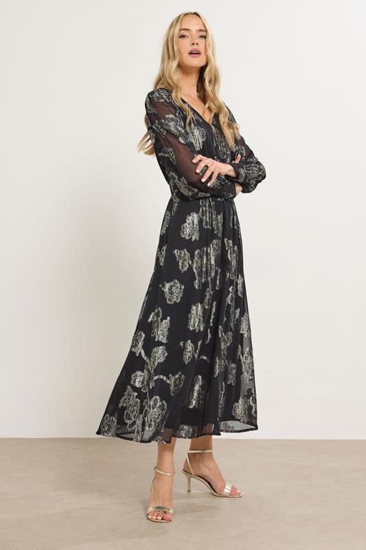 Tall  LTS Tall Black & Gold Floral Jacquard Midaxi Dress