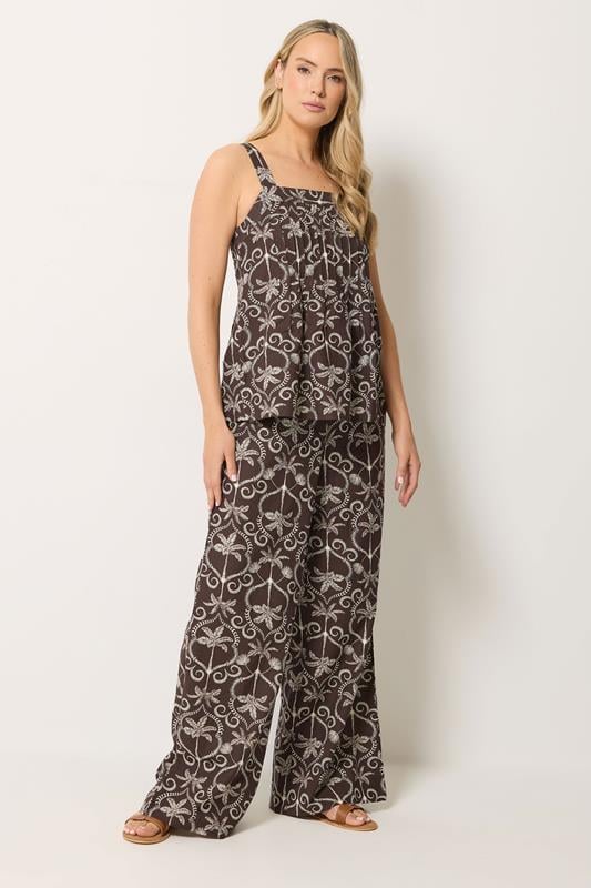 LTS Tall Set Chocolate Brown Palm Linen Vest Top & Wide Leg Trousers
