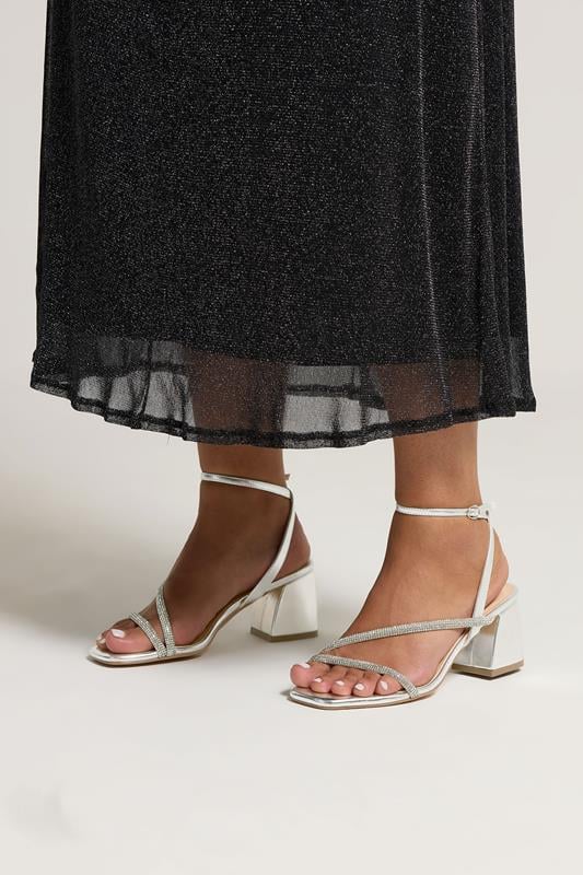 Plus Size  Yours Silver Diamante Block Heel Sandals In Extra Wide EEE Fit