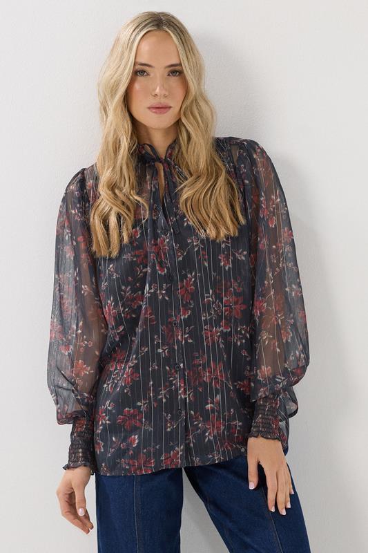 LTS Tall Navy Blue Floral Print Frill Neck Blouse | Long Tall Sally 1