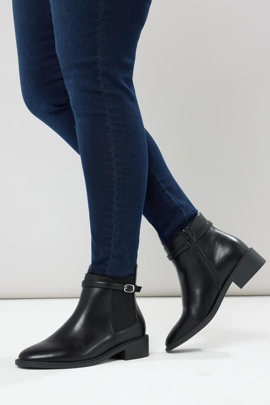 Black Faux Leather Buckle Stretch Ankle Boots In Wide E Fit & Extra Wide EEE Fit | Yours Clothing 1