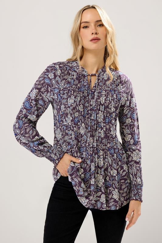 Tall  LTS Tall Purple Floral Tie Neck Pintuck Blouse