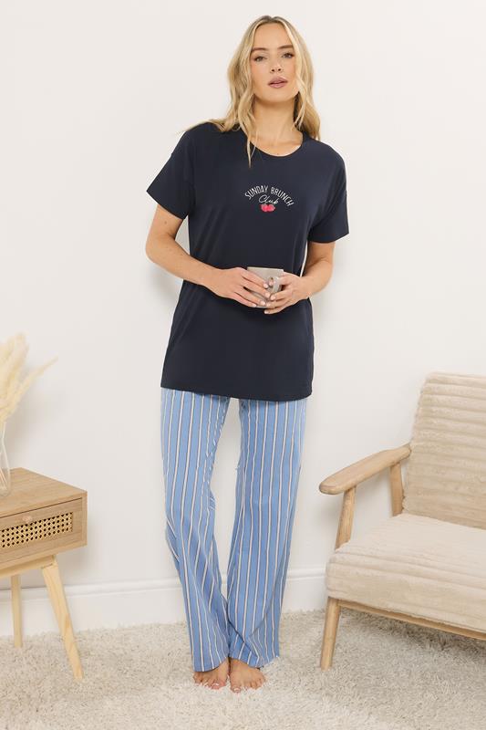 LTS Tall Women's Navy Blue 'Sunday Brunch' Slogan Striped Pyjama Set | Long Tall Sally 3