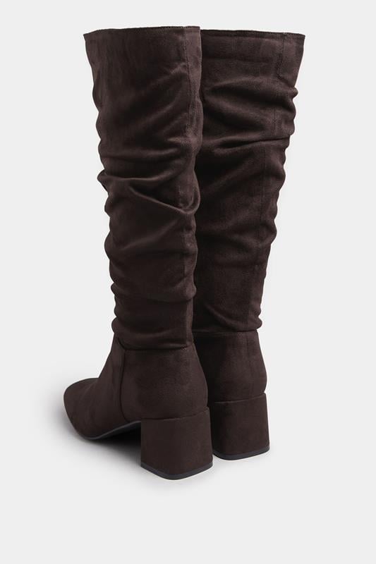 Chocolate Brown Faux Suede Ruched Knee High Boots In Standard Fit | Yours Clothing 4