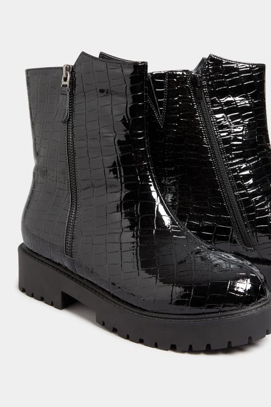 Black Croc Patent Side Zip Boots In Extra Wide EEE Fit | Yours Clothing 5