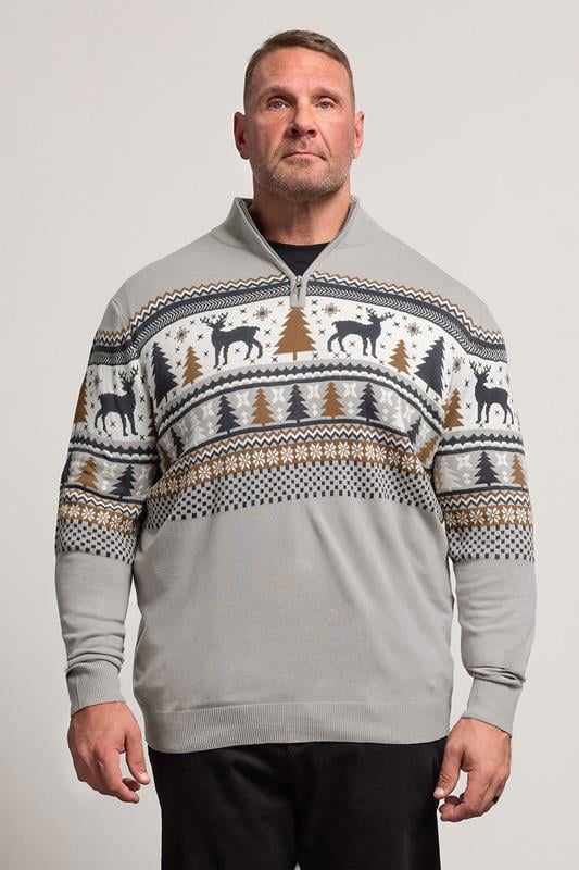 BadRhino Big & Tall Grey Fairisle Deer Quarter Zip Knitted Jumper | BadRhino 3