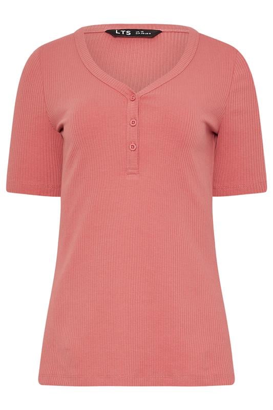 Tall  LTS Tall Coral Pink Ribbed Short Sleeve Henley Top