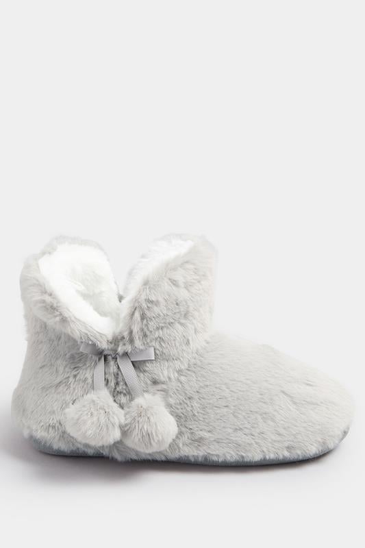 Grey Pom Pom Faux Fur Boot Slippers | Yours Clothing 3