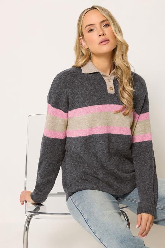  LTS Tall Grey Stripe Knitted Polo Jumper