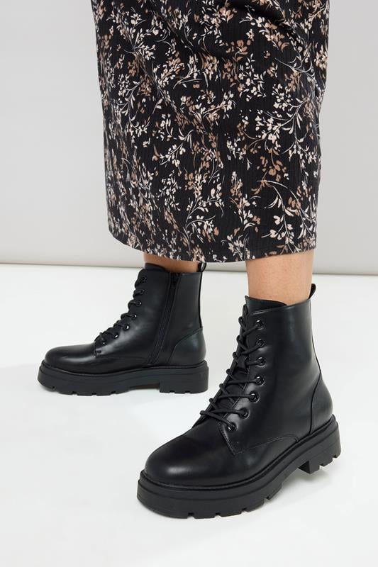 Black Faux Leather Chunky Lace Up Boots In Extra Wide EEE Fit | Yours Clothing 1