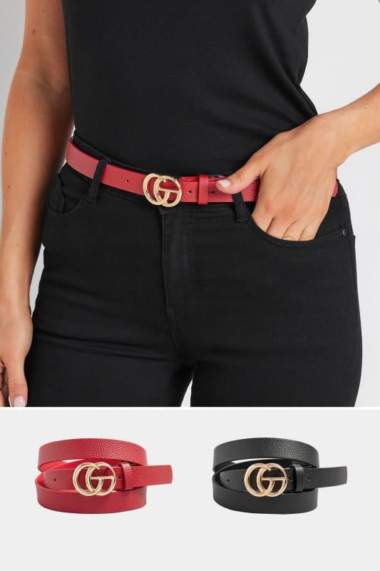 Tall  LTS 2 Pack Black & Red Gold Tone Buckle Belts