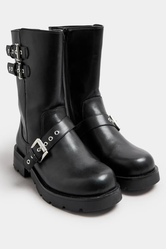 Black Faux Leather Biker Calf Boots In Extra Wide EEE Fit | Yours Clothing  2