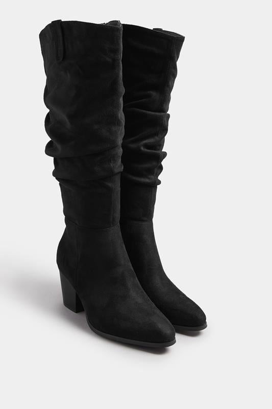 Black Faux Suede Ruched Western Boots In Extra Wide EEE Fit | Yours Clothing 1