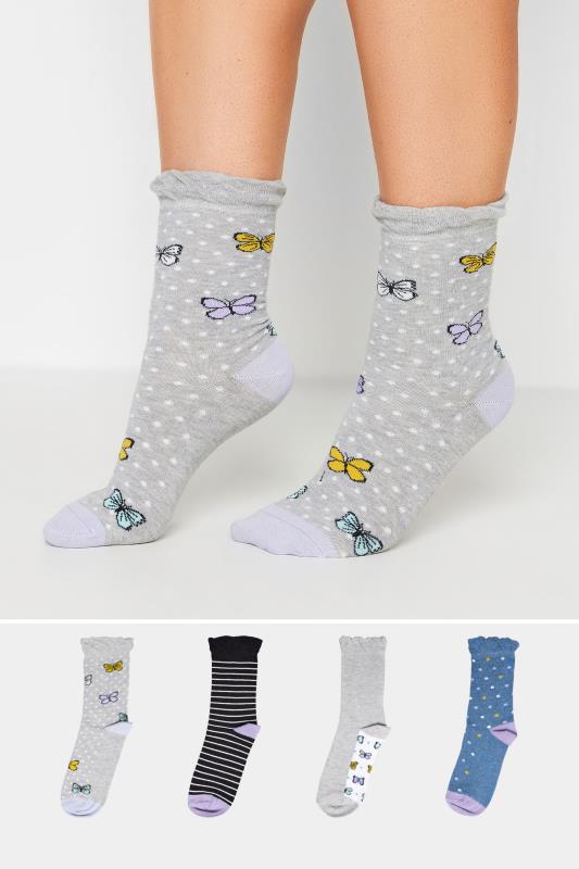 4 PACK Grey Butterfly Print Ankle Socks | Yours Clothing 1