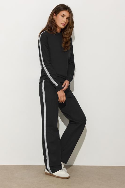 LTS Tall Black Metallic Stripe Wide Leg Joggers | Long Tall Sally 1