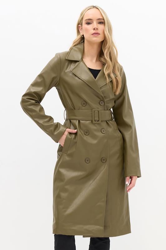 LTS Tall Olive Green Faux Leather Trench Coat | Long Tall Sally 1