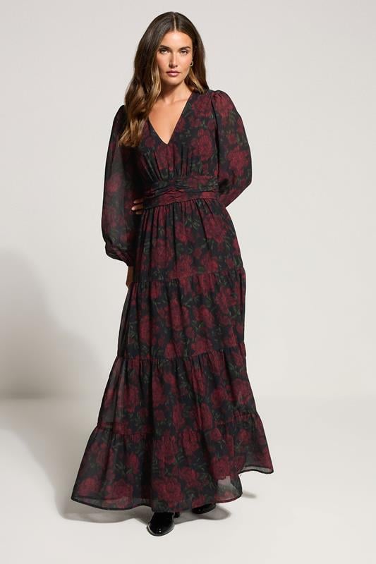 Tall  LTS Tall Black Blurred Rose Chiffon Tiered Dress