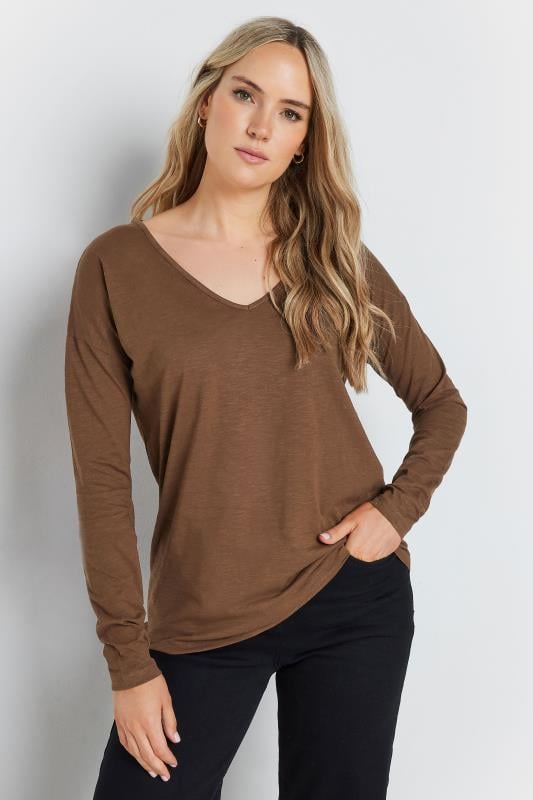 Tall  LTS Tall Brown V-Neck Long Sleeve Cotton T-Shirt