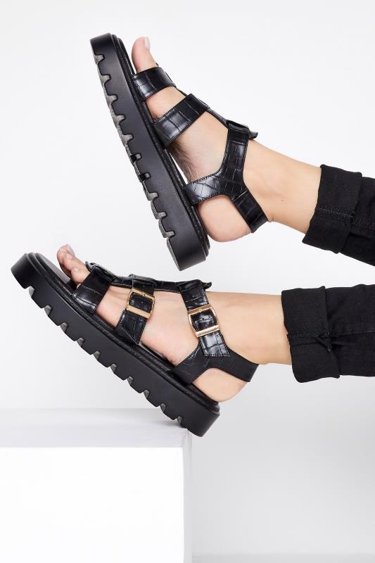 Tall  LTS Black Croc Gladiator Sandals In Wide E Fit