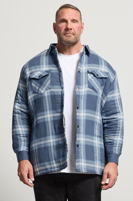 KAM Big & Tall Denim Blue Quilted Long Sleeve Check Overshirt