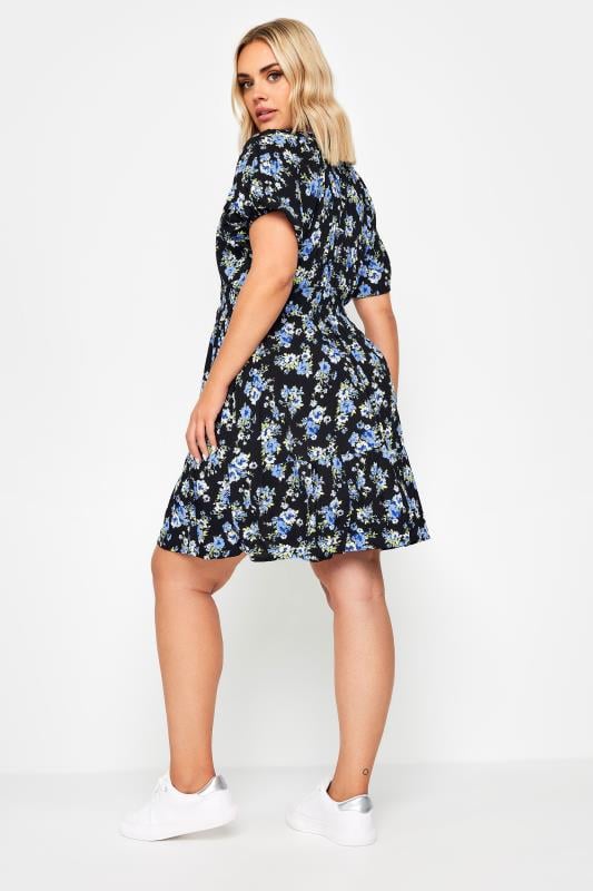 YOURS Plus Size Blue Floral Print Button Through Dress | Yours Curve  3