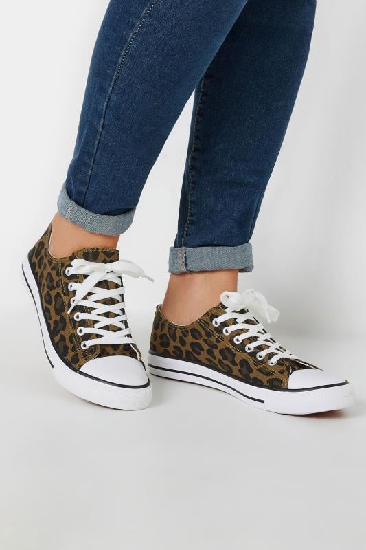 Plus Size  Yours Brown Leopard Print Canvas Low Trainers In Wide E Fit