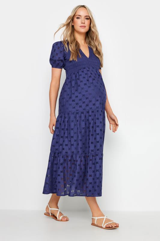 LTS Tall Maternity Navy Blue Broderie Anglaise Tiered Midaxi Dress | Long Tall Sally 2