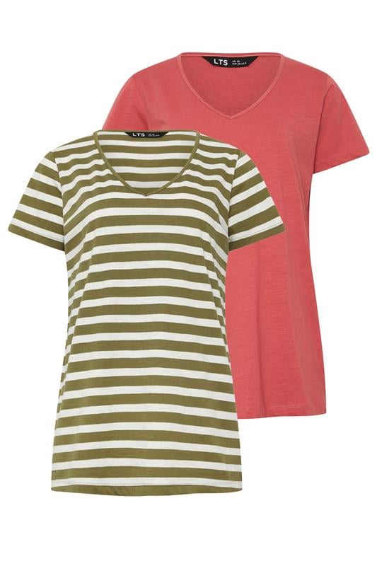 Tall  LTS Tall 2 PACK Coral Orange & Khaki Green Stripe T-Shirts