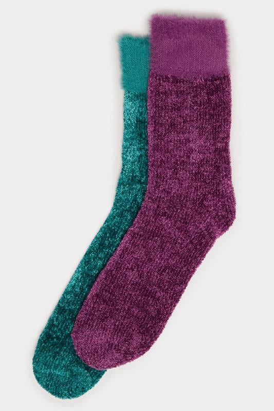 2 PACK Green & Purple Chenille Ankle Bed Socks | Yours Clothing 4