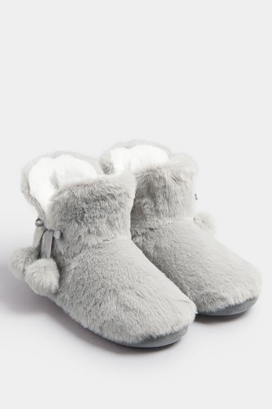 Plus Size  Yours Grey Pom Pom Faux Fur Boot Slippers
