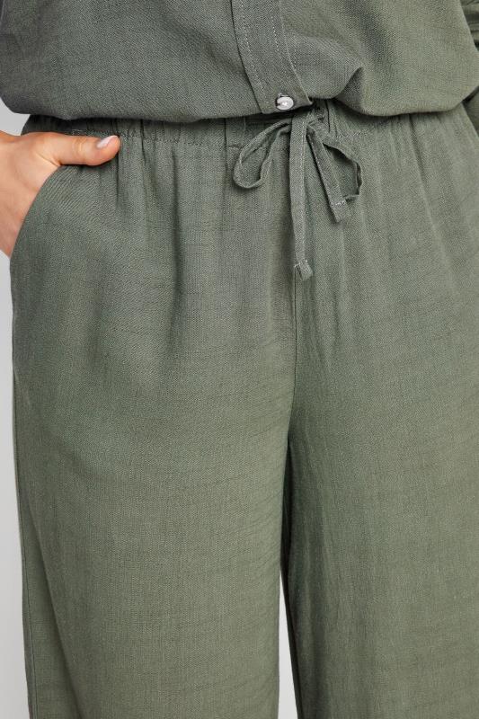 LTS Tall Womens Khaki Green Linen Tie Waist Wide Leg Trousers | Long Tall Sally 5
