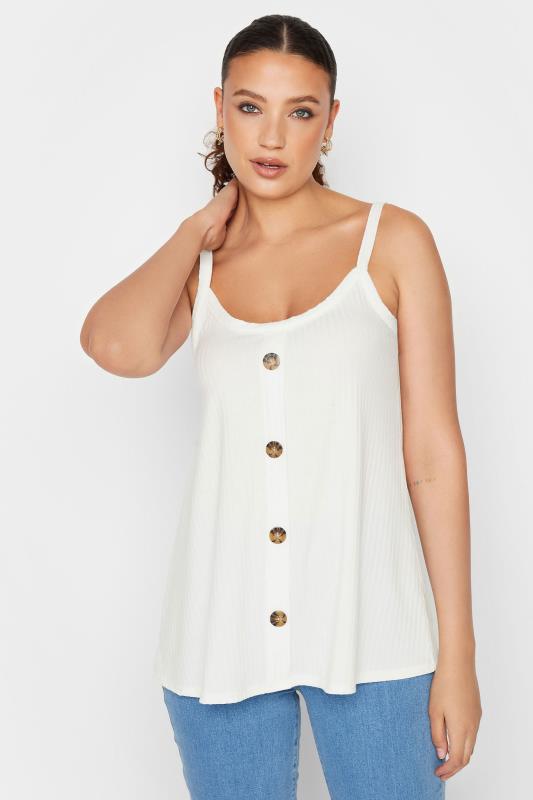 LTS Tall White Ribbed Button Cami Vest Top | Long Tall Sally 1