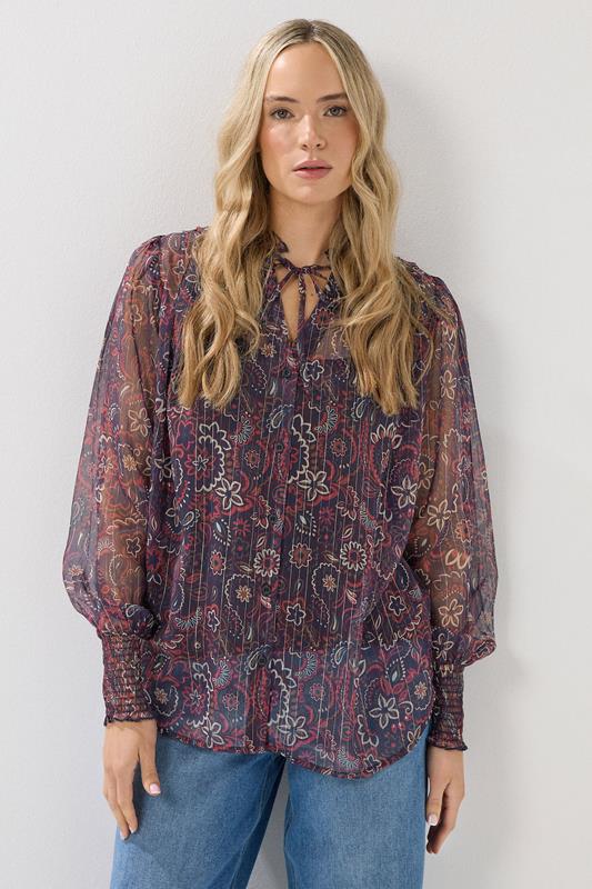 LTS Tall Dark Red Paisley Frill Neck Blouse | Long Tall Sally 1