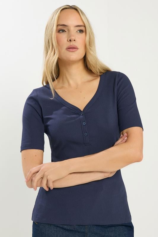 Tall  LTS Tall Navy Blue Ribbed Short Sleeve Henley Top