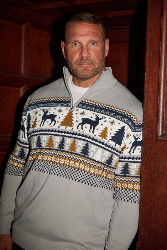 BadRhino Big & Tall Grey Fairisle Deer Quarter Zip Knitted Jumper