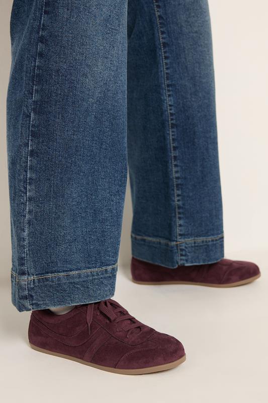 Burgundy Red Faux Suede Low Retro Stripe Trainers In Extra Wide EEE Fit | Yours Clothing 1